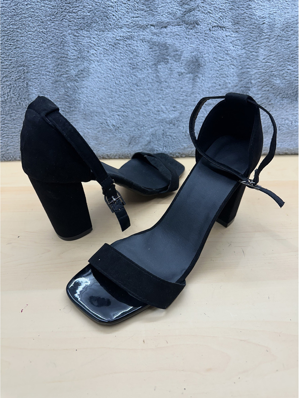 Black Suede Block Heel Sandals with Ankle Strap